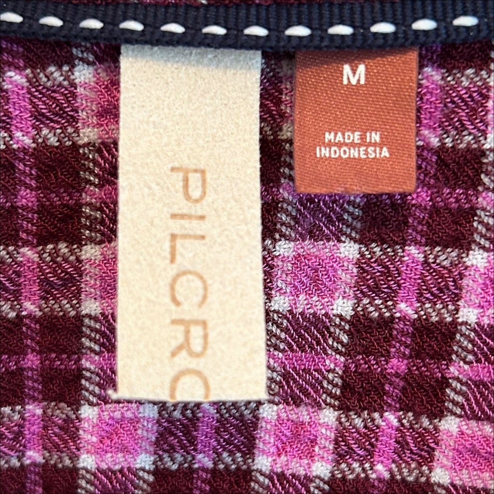 Pilcro Plaid Top Button Down Blouse M Burgundy Pink Ruched Shirt Grunge Flannel - Picture 5 of 8